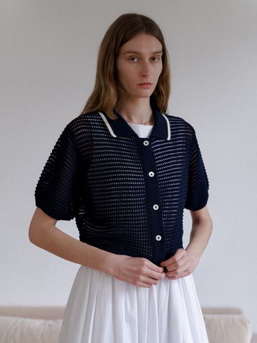 See-through Collar Half Sleeve Cardigan _Navy - STEP AROUND - Modalova