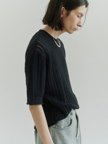 Cotton Crochet Rolling Half Knit Pullover_Black - NOIRER - Modalova