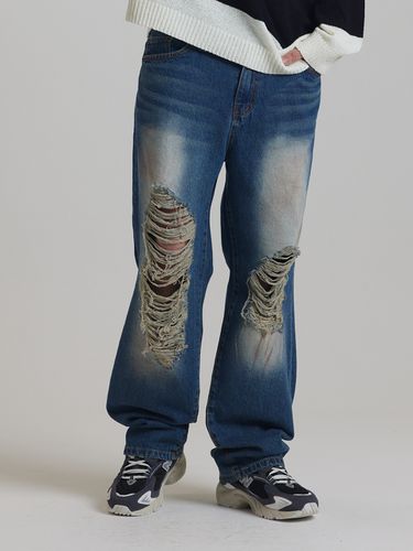 Destroyed Wide Denim Pants (Medium Wash) - OTHERFITS - Modalova