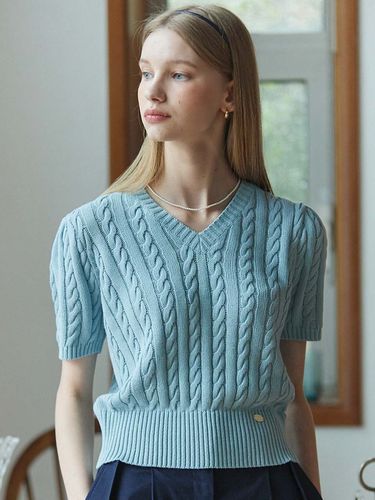 Linen V-neck Cable Sweater_Sky Blue - NONLOCAL - Modalova