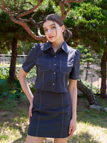 Stitched Half Cropped Shirt and Mini Skirt Set - bibyseob - Modalova