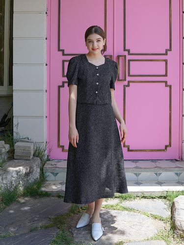 Heart Neck Tweed Blouse and Tweed A-line Skirt Set - bibyseob - Modalova