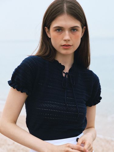 Aspyn Ribbon Eyelet Knit Top _Navy - LETTER FROM MOON - Modalova