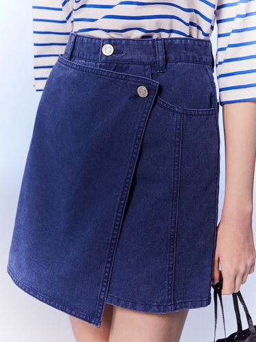 Asymmetrical Denim Mini Skirt_Marine Navy - kuho plus - Modalova