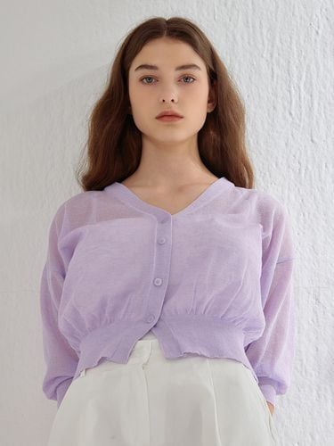 V-neck Linen Half Mesh Cardigan _Purple - camino - Modalova