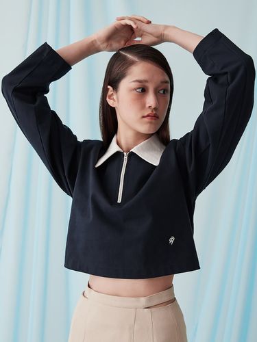 Half Zip-up Collar Cotton Top _Navy - kuho plus - Modalova