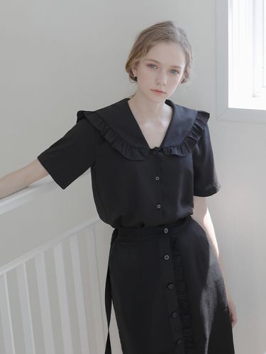 Frill Sailor Shirt + Frill Shirt Skirt Set - Black - bibyseob - Modalova