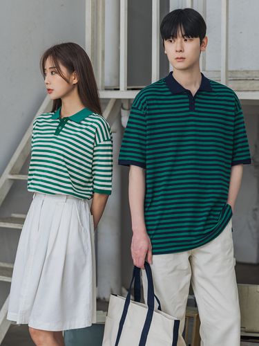 Stripe Button Collar T-shirt (3 Color) - alvinclo - Modalova