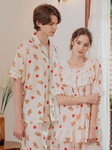 Couple Heart Bear Rayon Cotton Pajama Set - LUNALUZ STUDIO - Modalova