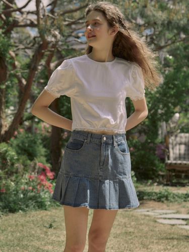 Denim Pleat Mini Skirt_Blue - CELITAILS - Modalova