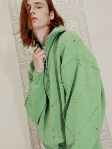 Half Zip-Up Punching Rhombus Sweater_Yellow Green - MSKN2ND - Modalova