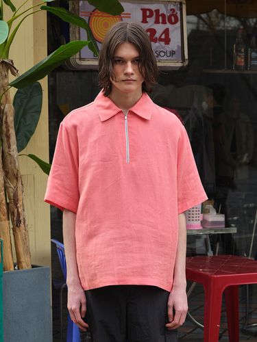 Half Zip-Up Linen Shirt _ Pink - YOUNGOH - Modalova