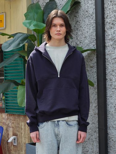 Half Zip Hoodie Sweatshirt _ Navy - YOUNGOH - Modalova