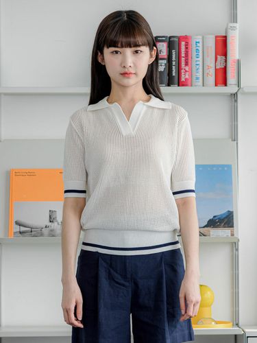 Open Collar Net Short Sleeve Pullover _ 2 colors - NOWANDTOMORROW - Modalova