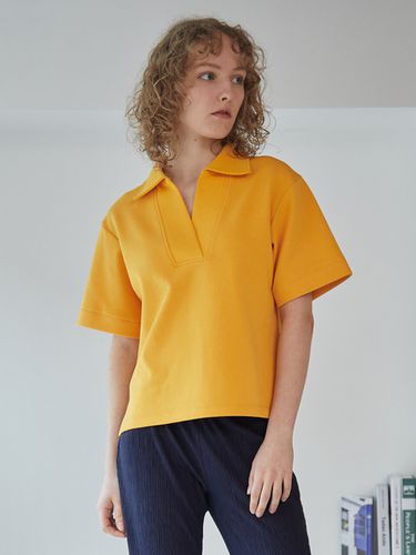 Cozy Open Collar Short Sleeve Sweatshirt_Yellow - OSTKAKA - Modalova