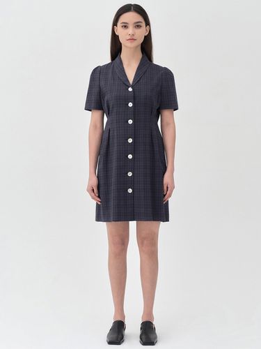 Pin Tuck Linen Shirt Collar Mini Dress_Check Navy - MONGDOL - Modalova