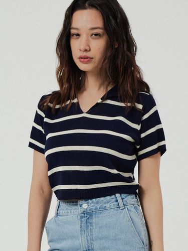 Striped Collar Knit Short-Sleeved T-Shirt_Navy - Awesomestudio - Modalova