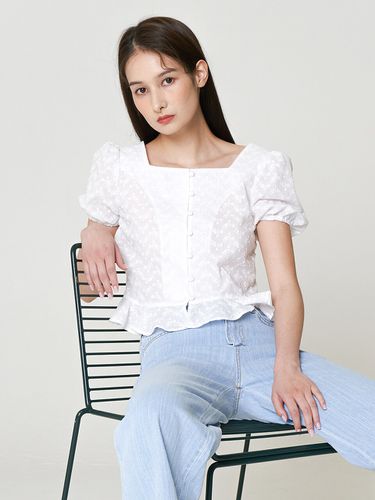 Flower Lace Strap Button Square Neck Puff Blouse - 320SHOWROOM - Modalova