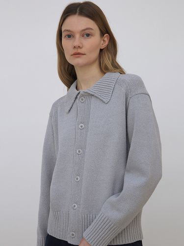 Boucle Collar Cardigan Blue Gray - KNITLY - Modalova