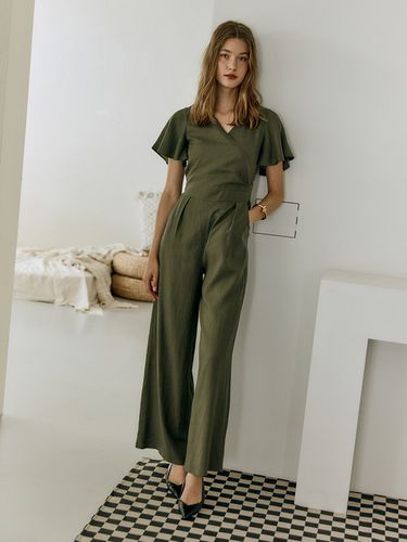 Linen Blended Short Sleeve Jumpsuit_Khaki - HACIE - Modalova