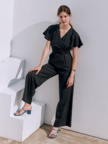 Linen Blended Short Sleeve Jumpsuit_Black - HACIE - Modalova