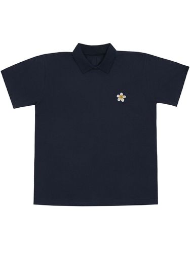 White Flower Embroidery Collar T-Shirt_Navy - GRAVER - Modalova