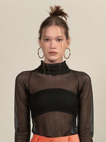 Mesh Mock Neck T-shirt - Black - SETSETSET - Modalova