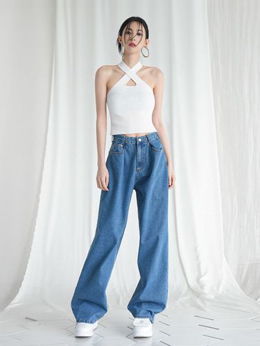 Buckle Wide Denim Pants_Middle Blue - AVANDRESS - Modalova