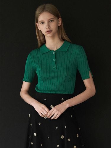 Ribbon Button Half Sleeve Knit_Green - ADAUL - Modalova