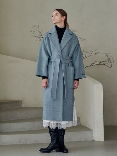 Cashmere Pearl Belted Handmade Coat_Blue Melange - MITTE - Modalova