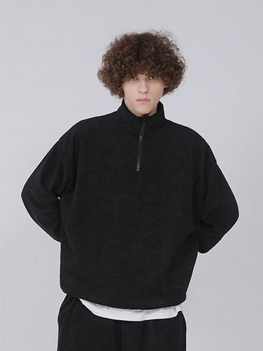 Waffle Half Zip-Up Sweatshirt_Black - FANACULT - Modalova