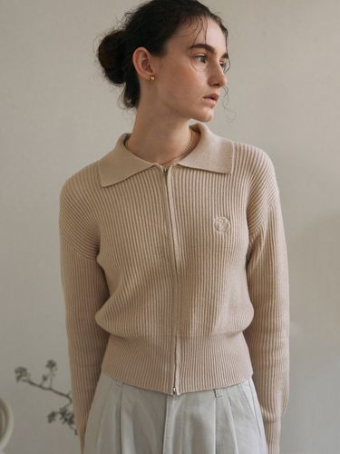 Collar Ribbed Zip Up Knit_Beige - YAN13 - Modalova