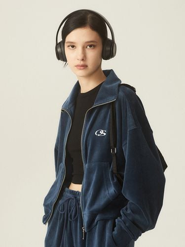 OS Logo Cropped Velour Zip-Up Jacket_Navy - ODD STUDIO - Modalova