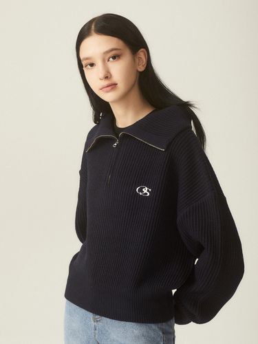 OS Logo Cropped Half Zip-Up Knit_Navy - ODD STUDIO - Modalova