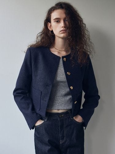 Collarless Tweed Jacket (Navy) - NICK&NICOLE - Modalova