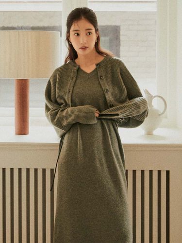 Cropped Cardigan Sleeveless Knit Dress Set_Olive - on&on - Modalova