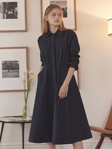 Puff Sleeve Shirt Dress (Navy) - NONLOCAL - Modalova