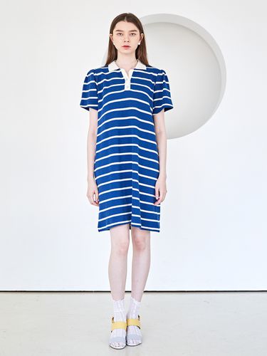 Shirring Detail Striped Collared Dress - CUSTOM US - Modalova