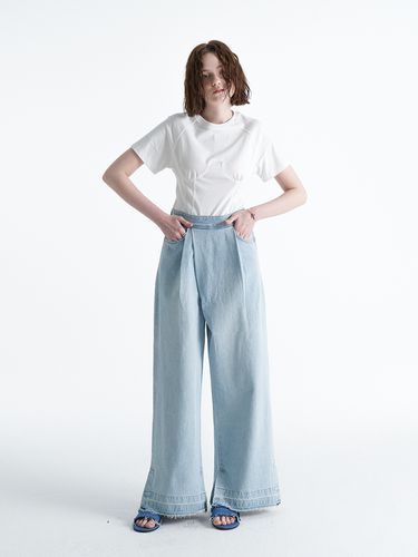 Denim Pleats Tuck Wide Wrap Pants_Light Blue - ellonarc - Modalova