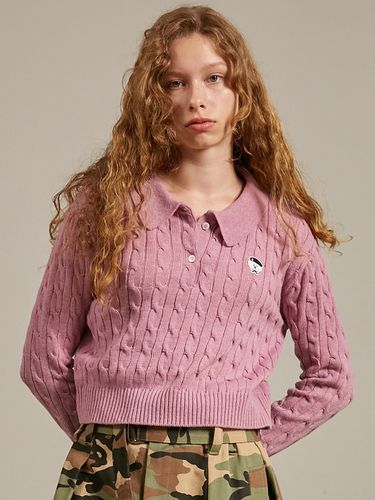 New Parisian Cashmere Cable Cropped Polo Knit Top - beyondcloset - Modalova