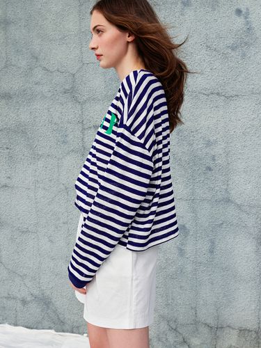 Loose Fit Drop Shoulder Stripe T-Shirt_Blue - SORRY TOO MUCH LOVE - Modalova