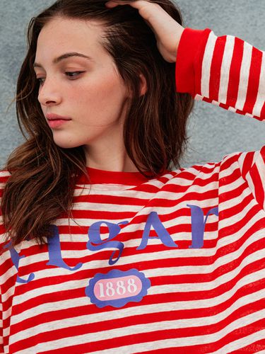 Loose Fit Drop Shoulder Stripe T-Shirt_Red - SORRY TOO MUCH LOVE - Modalova