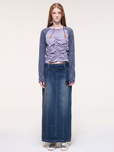 Wide Belt Long Denim Skirt, Blue - ETMON - Modalova