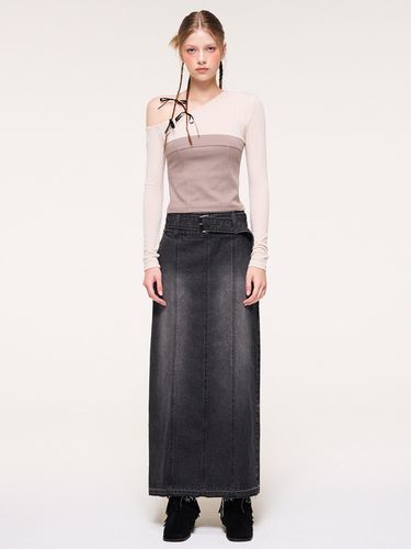 Wide Belt Long Denim Skirt, Black - ETMON - Modalova