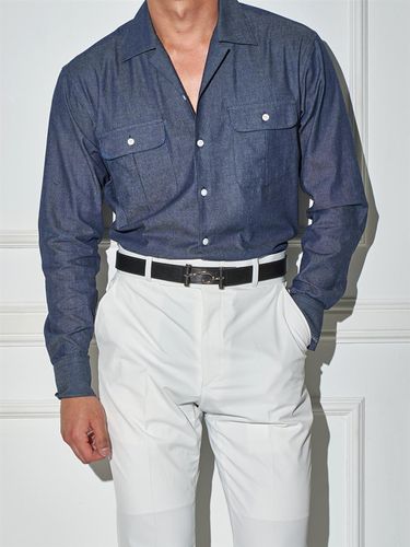 V-neck Denim Shirt - Deep Blue - ALL CLASSIC - Modalova