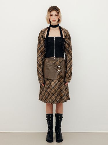 Leather Layered Check Midi Skirt - YUSE - Modalova