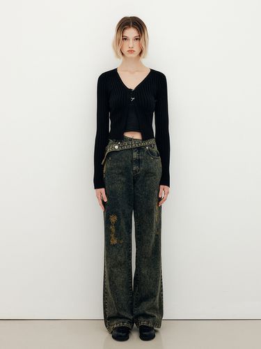 Double Distressed Denim Wide Pants - YUSE - Modalova