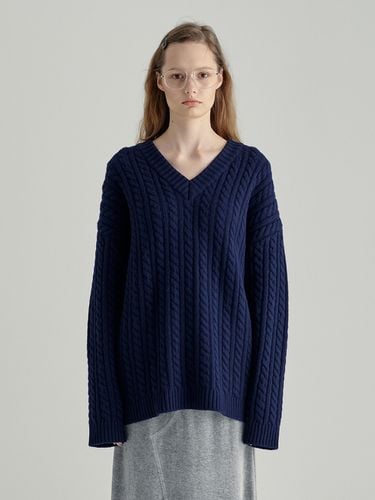 V-neck Cable Sweater_Navy - MARGESHERWOOD - Modalova