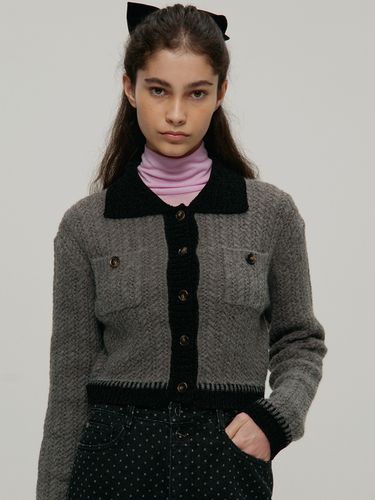 Velvet Collar Cable Cardigan_Charcoal Grey - a.t.corner - Modalova