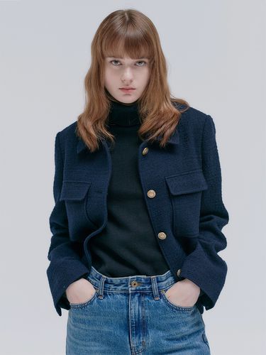 Tweed Casual Cropped Jacket - Navy - NILBY P - Modalova